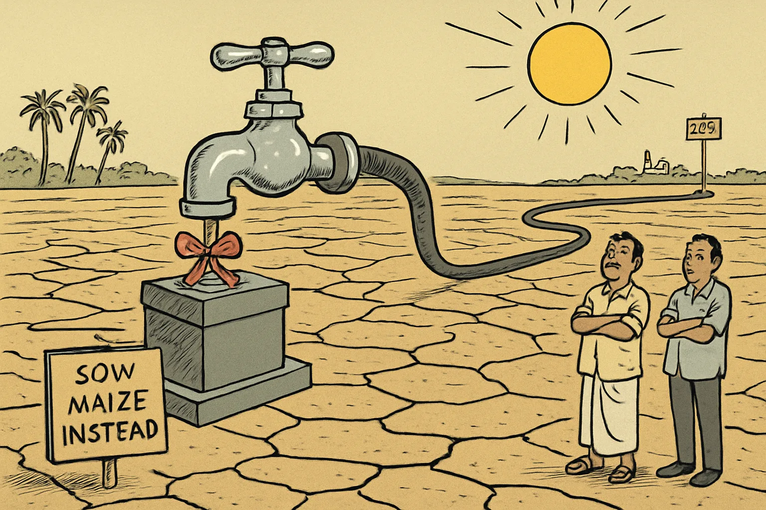 An oversized ceremonial water tap stands on a plinth in a cracked, dry paddy field, its ribbon still tied on. Its pipe coils away into the distance to a tiny signpost reading '2027'. In the foreground a small hand-painted board reads 'Sow Maize Instead.' Two farmers stand nearby with arms folded, looking at the tap.