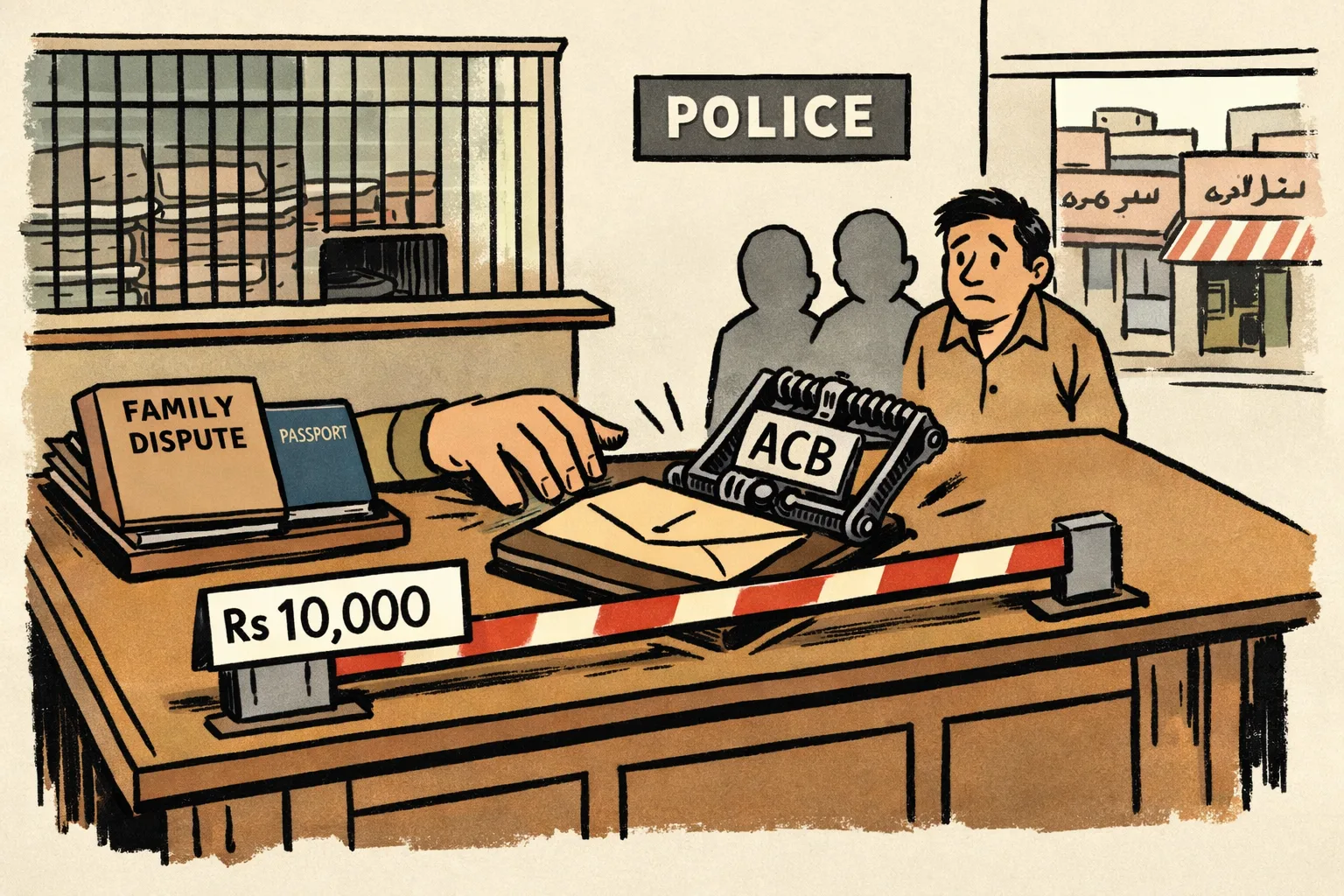 A Hyderabad police-station desk is drawn as a toll booth blocking a file and passport behind a barrier marked Rs 10,000, while a symbolic ACB trap closes around an envelope.