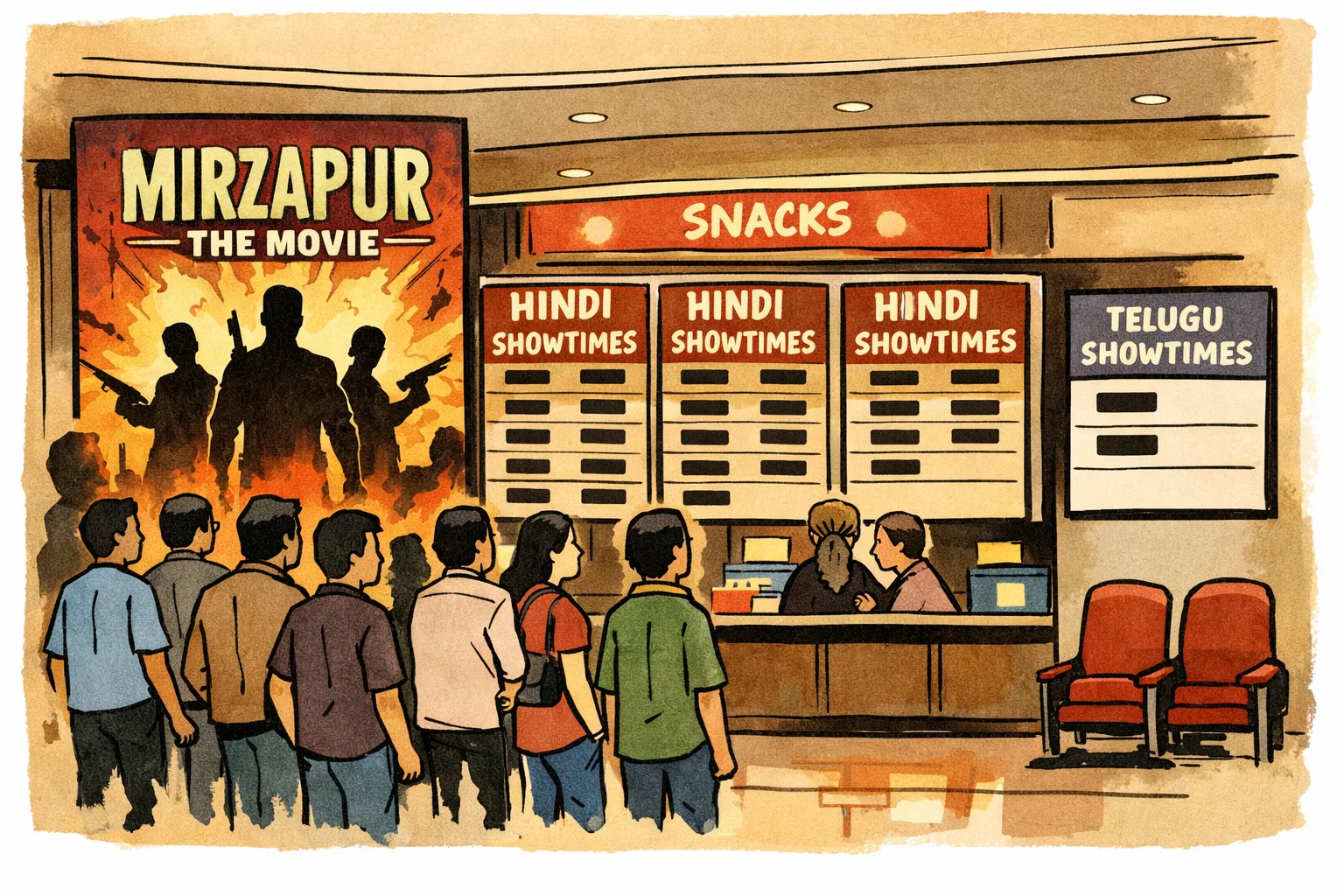 A Hyderabad multiplex lobby shows a large film promotion, several Hindi showtime displays and a much smaller Telugu notice beside lightly occupied ticketing and seating areas.