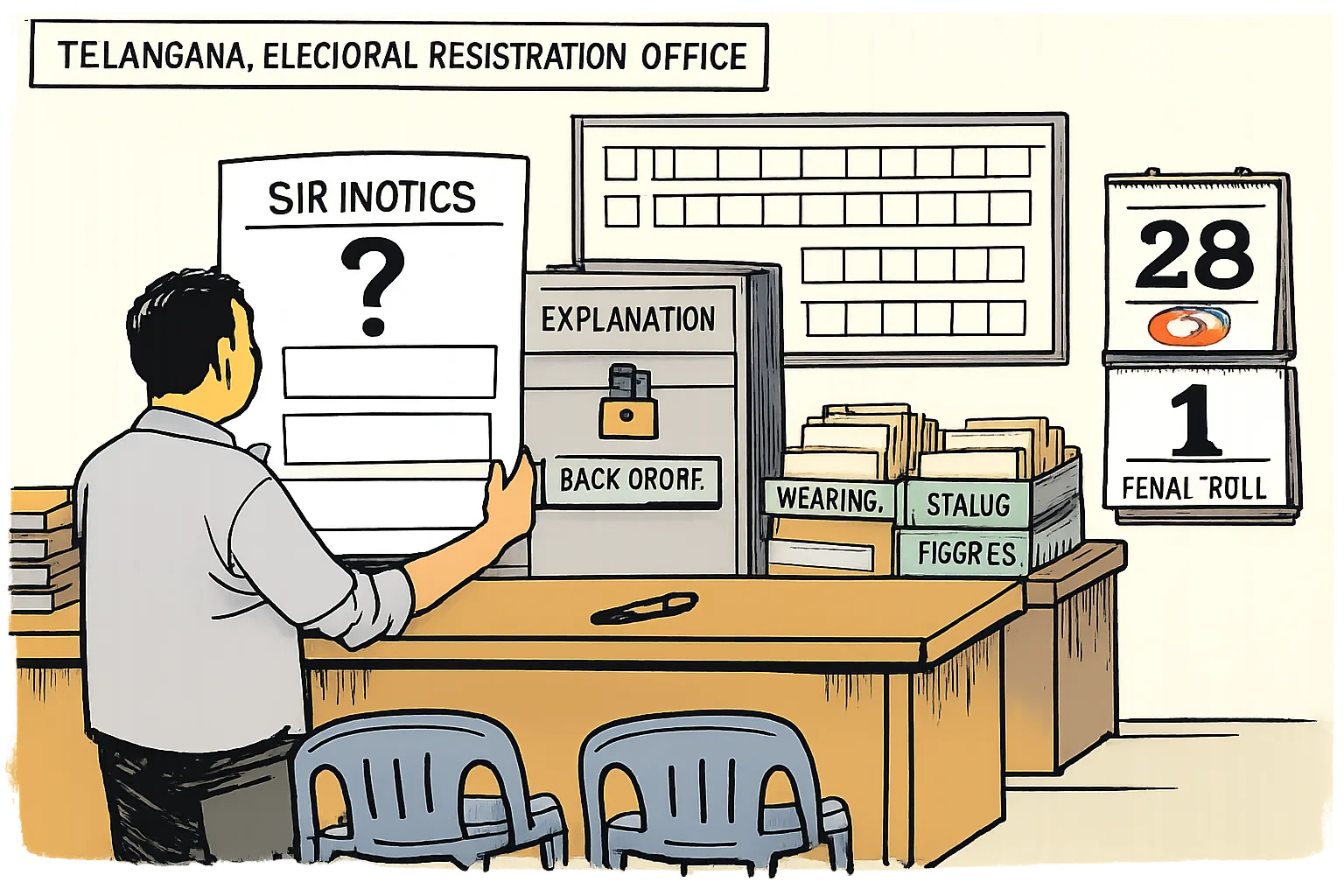 An almost blank election notice with a question mark is held beside a locked filing cabinet labelled “EXPLANATION BACK ORDER” in a Telangana government office, with empty trays for hearings, status and figures.