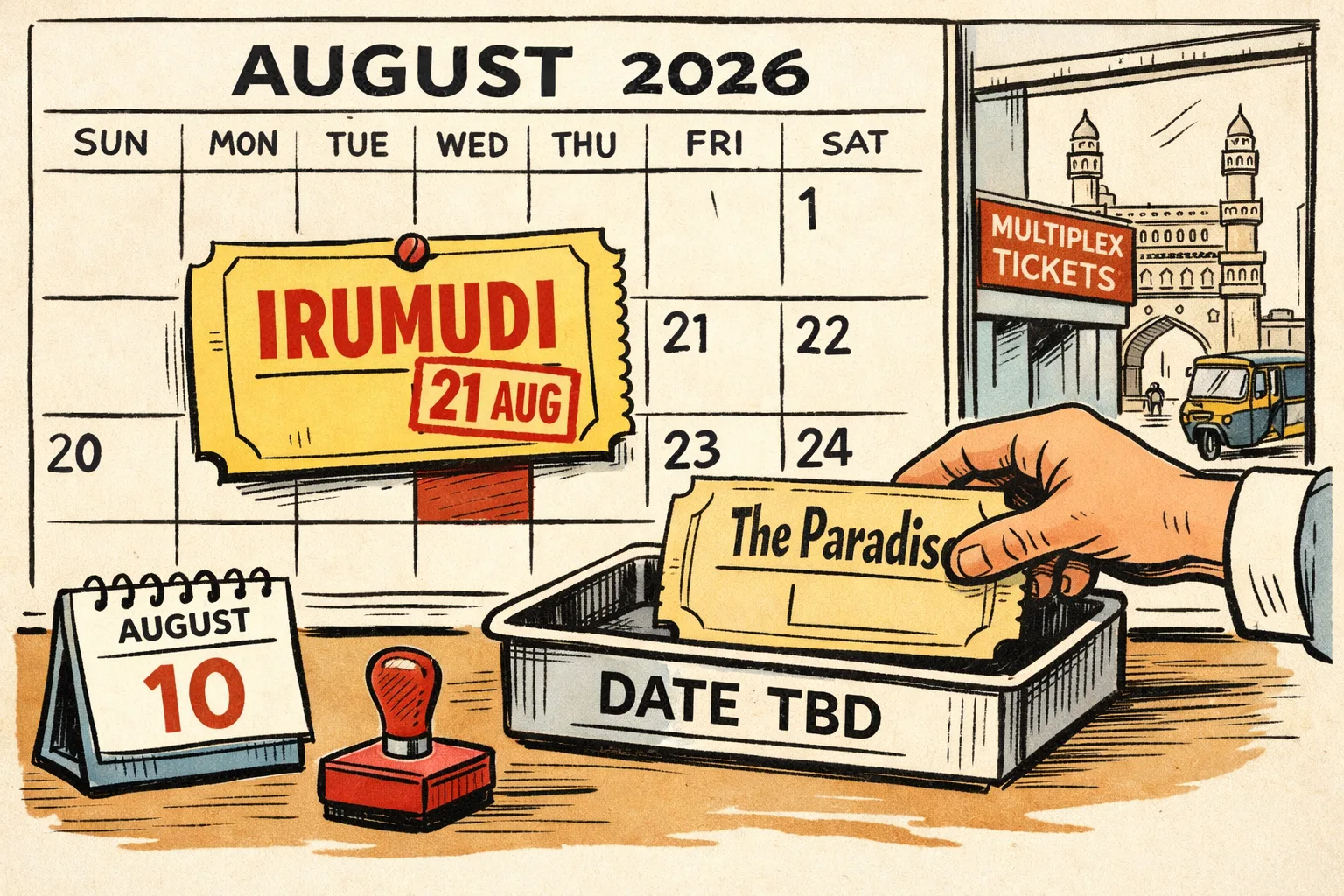 A Telangana cinema release calendar shows August 21 occupied by a large film ticket marked “Irumudi”, while a smaller ticket for “The Paradise” lies beside the calendar with its date line left blank.