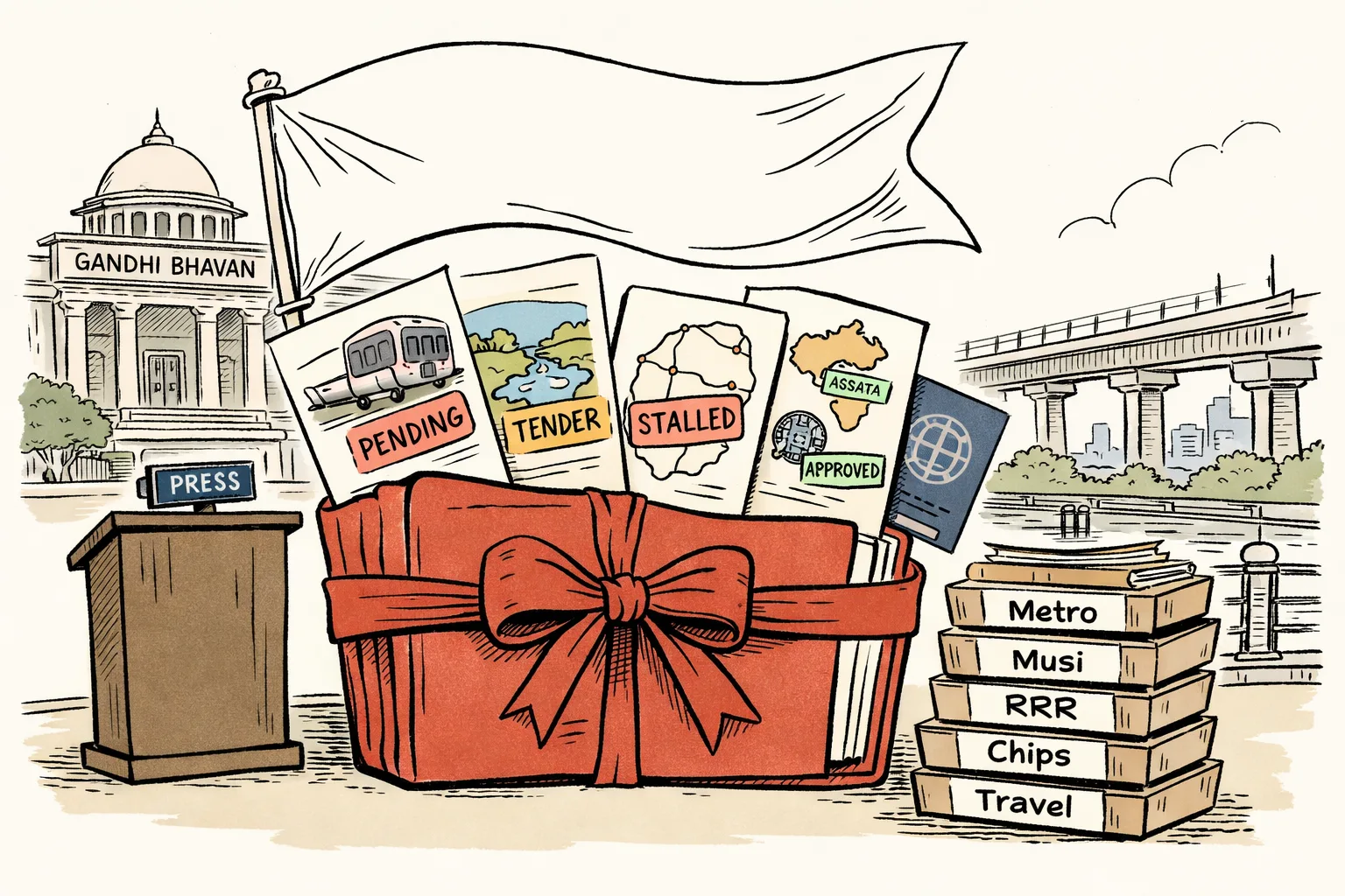 A Hyderabad press podium stands beside one oversized ribbon-tied folder containing five separate documents about Metro, Musi, the Regional Ring Road, semiconductor approvals and travel, with separate government file trays behind it.