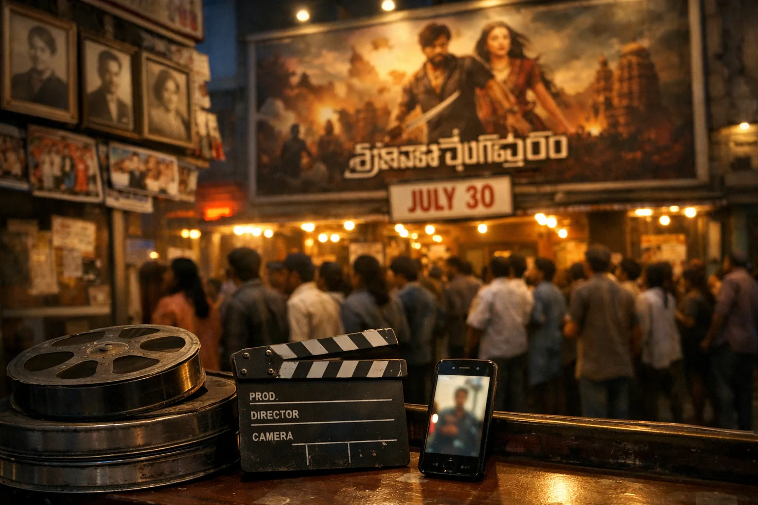A photorealistic Hyderabad cinema street at night with a large Telugu film poster, a release-date placard reading July 30, film reels, a clapperboard and a full audience queue outside a theatre.