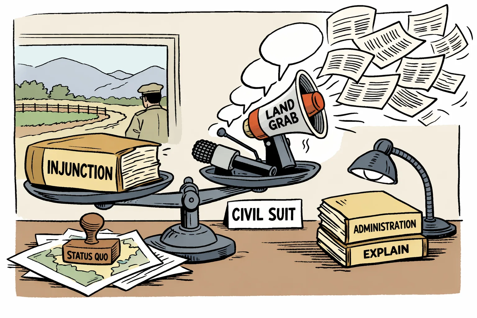 A court file labelled “INJUNCTION” outweighs a television microphone and megaphone labelled “LAND GRAB” beside farm papers, a status-quo stamp and an Uttarakhand hillside farm.