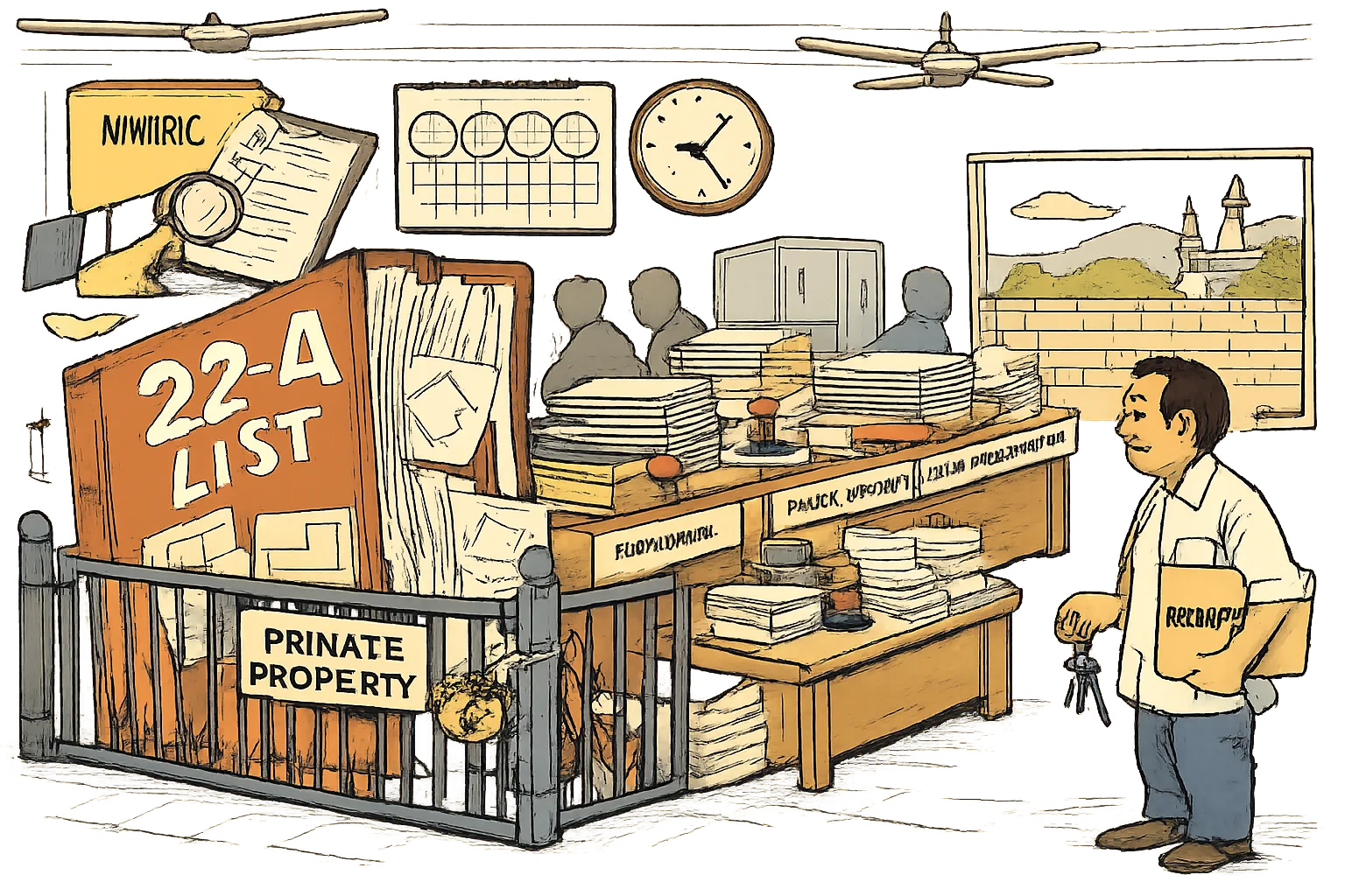 A huge file marked 22-A blocks a gate marked Private Property in a Telangana-style government office, while an NHRC folder points toward it and a four-week calendar clock runs beside stacks of revenue and registration paperwork.