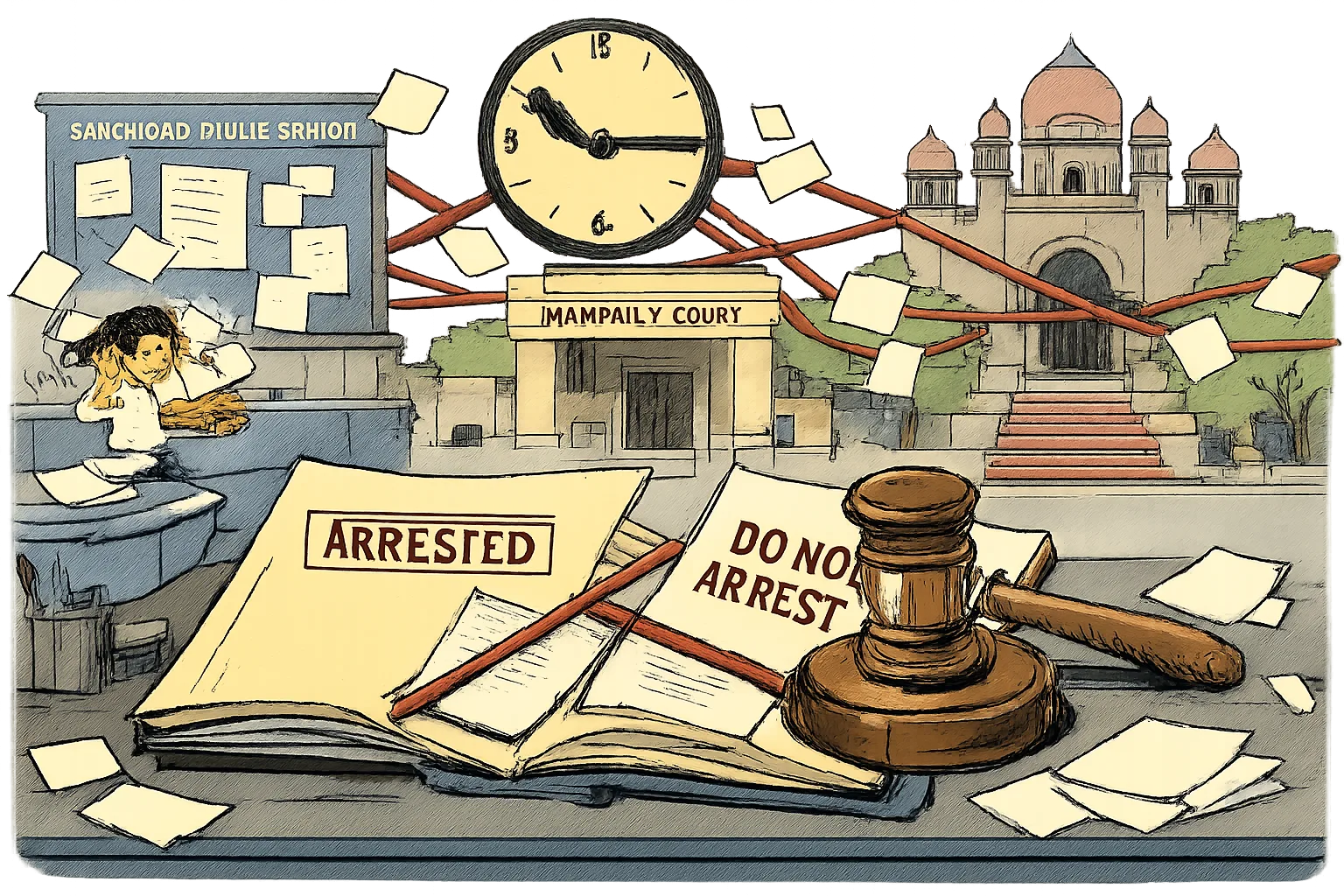 An open arrest-timeline file on a government desk shows conflicting stamped pages, while a court gavel holds down a page marked “DO NOT ARREST”; a mismatched clock and tangled paperwork connect a police station, magistrate’s court and High Court in the background.