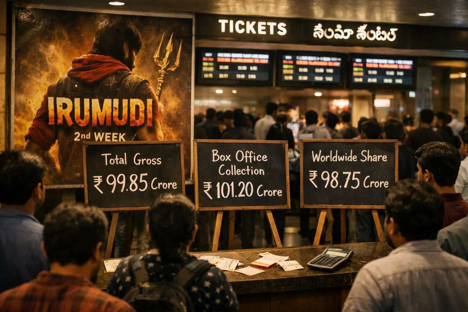 A Hyderabad cinema foyer displays an Irumudi poster beside several revenue boards showing slightly different totals near ₹100 crore, with a calculator and ticket stubs on the counter.