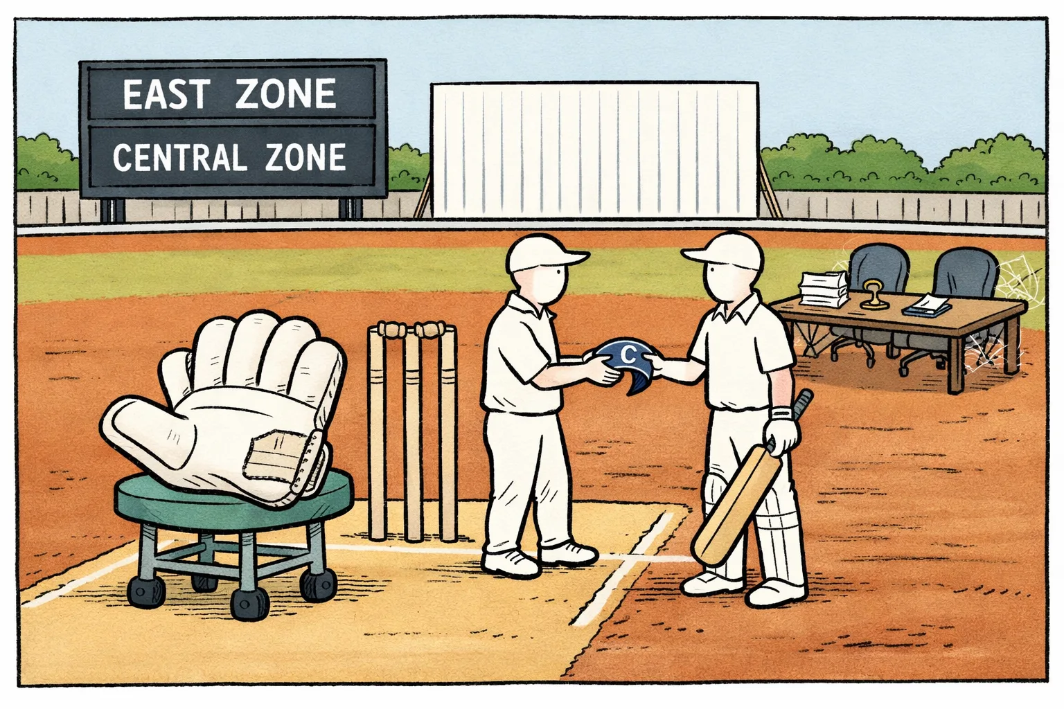 A cricket glove sits on a medical stool beside the stumps while a captain’s armband is passed to another player; an unused committee table with forms and a stamp stands in the background.