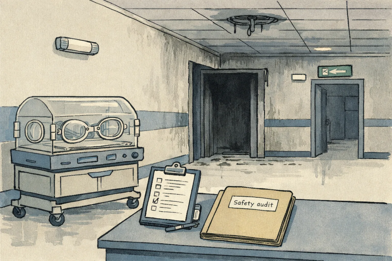 An empty, smoke-darkened newborn-care corridor at a hospital, with a closed incubator, a safety-audit file and an inspection clipboard in the foreground.