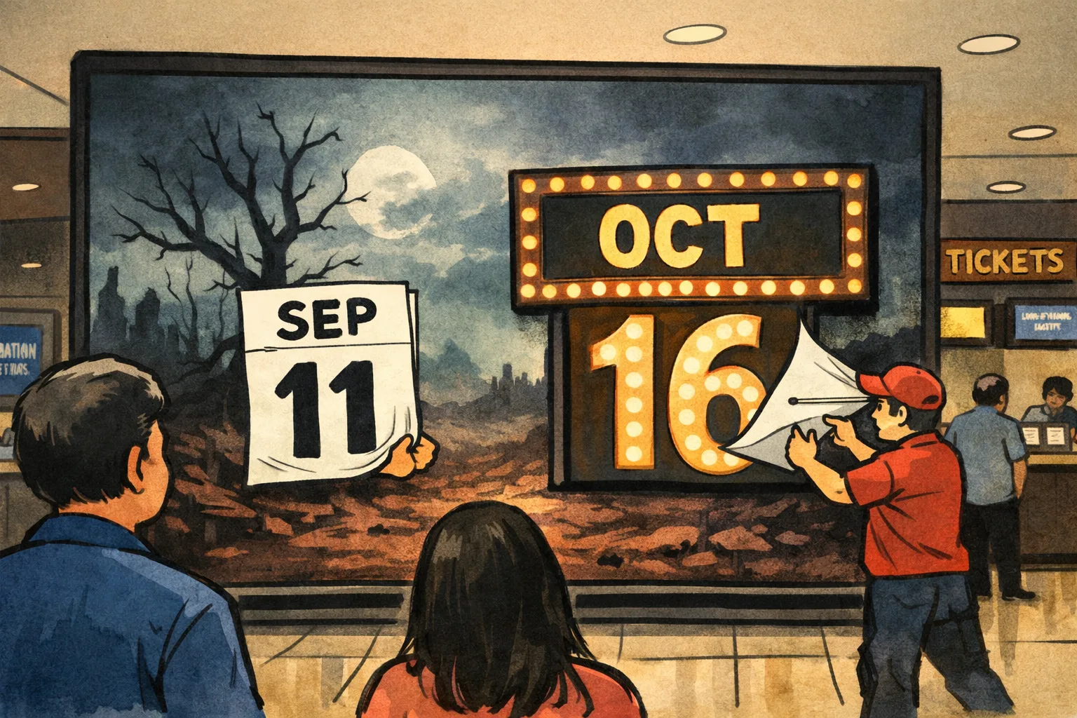 A Hyderabad multiplex foyer display shows an atmospheric film promotion with an October 16 date panel beside a calendar page marked September 11.