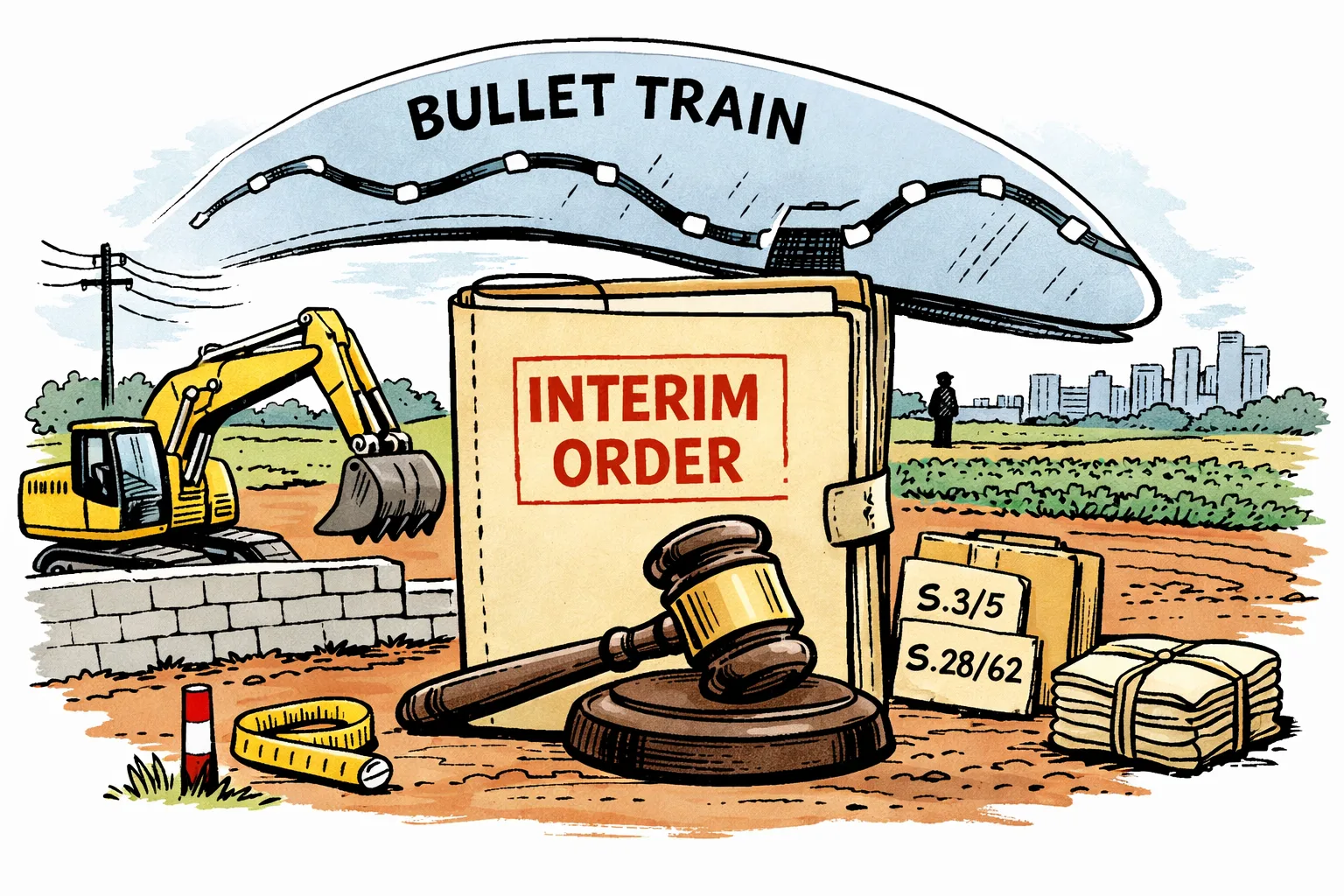 A Telangana High Court gavel rests across a rolled bullet-train route map, while a large government file marked with survey numbers sits between a bulldozer and a fenced farm plot near Bahadurguda.