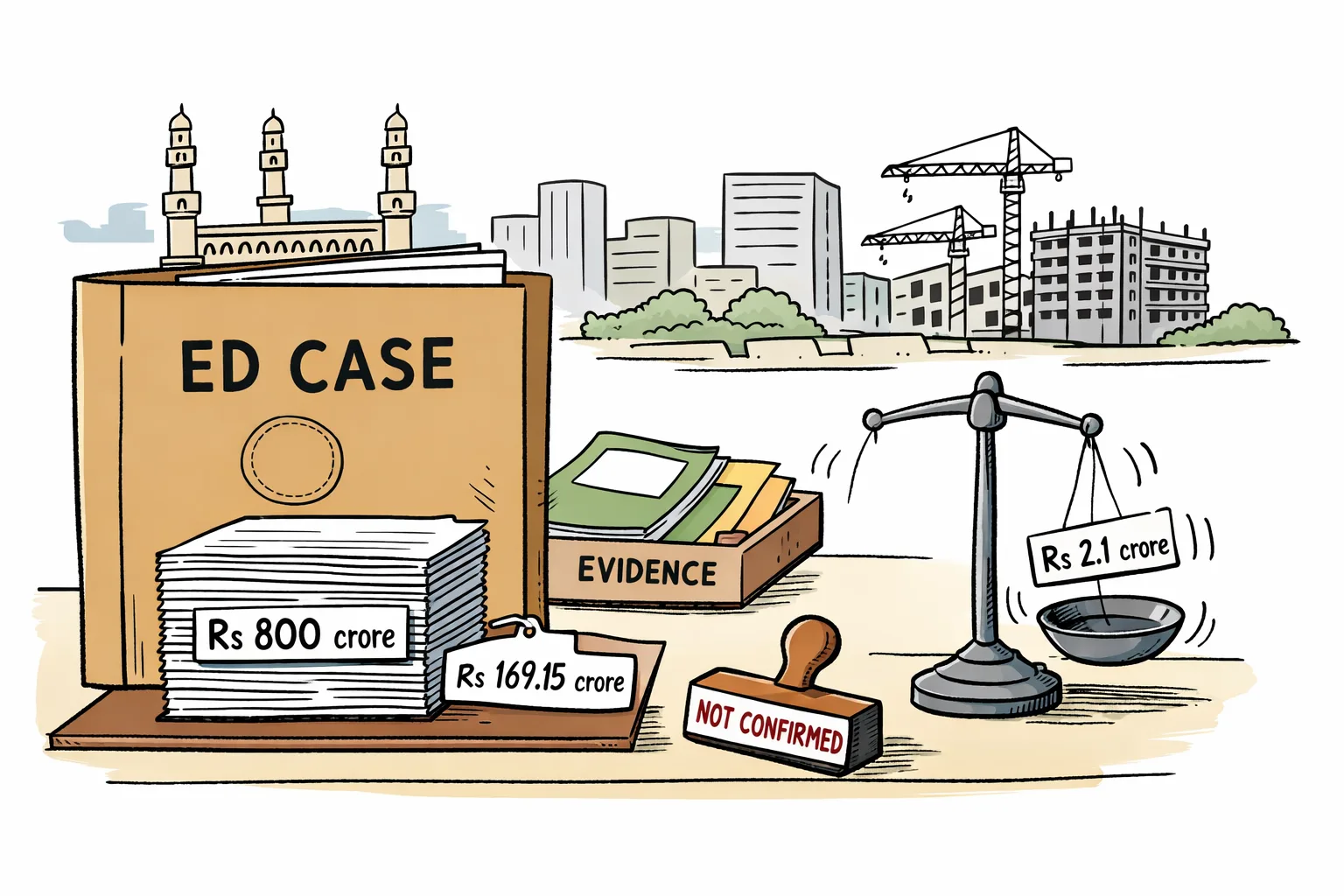An open ED case folder with large documented figures sits beside a small wobbling slip marked as reports, with a Hyderabad construction site in the background.
