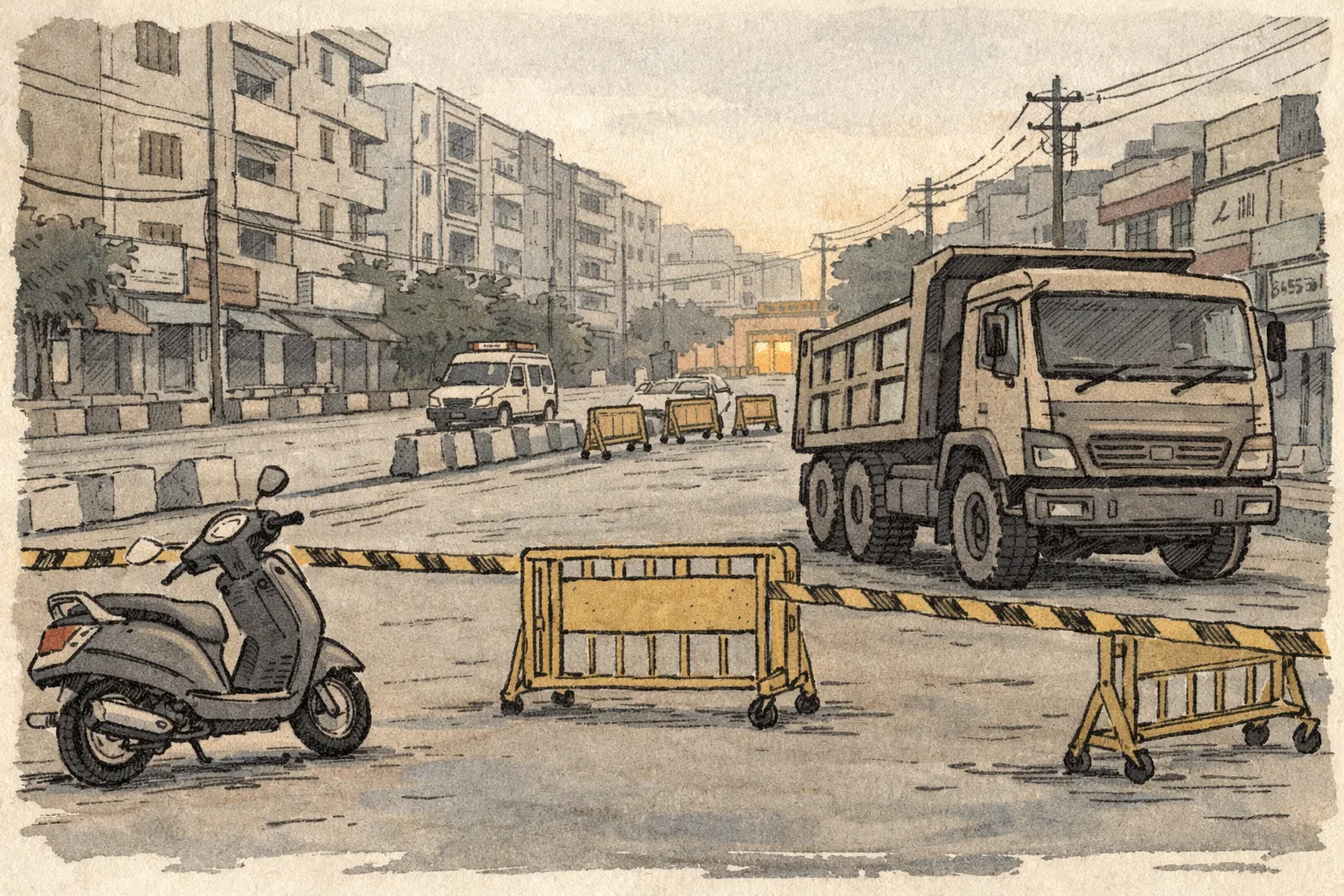 A quiet Kukatpally road in Hyderabad at dawn, with a scooter and a stationary tipper lorry separated by police barricades, while a police vehicle and hospital lights are visible in the distance.