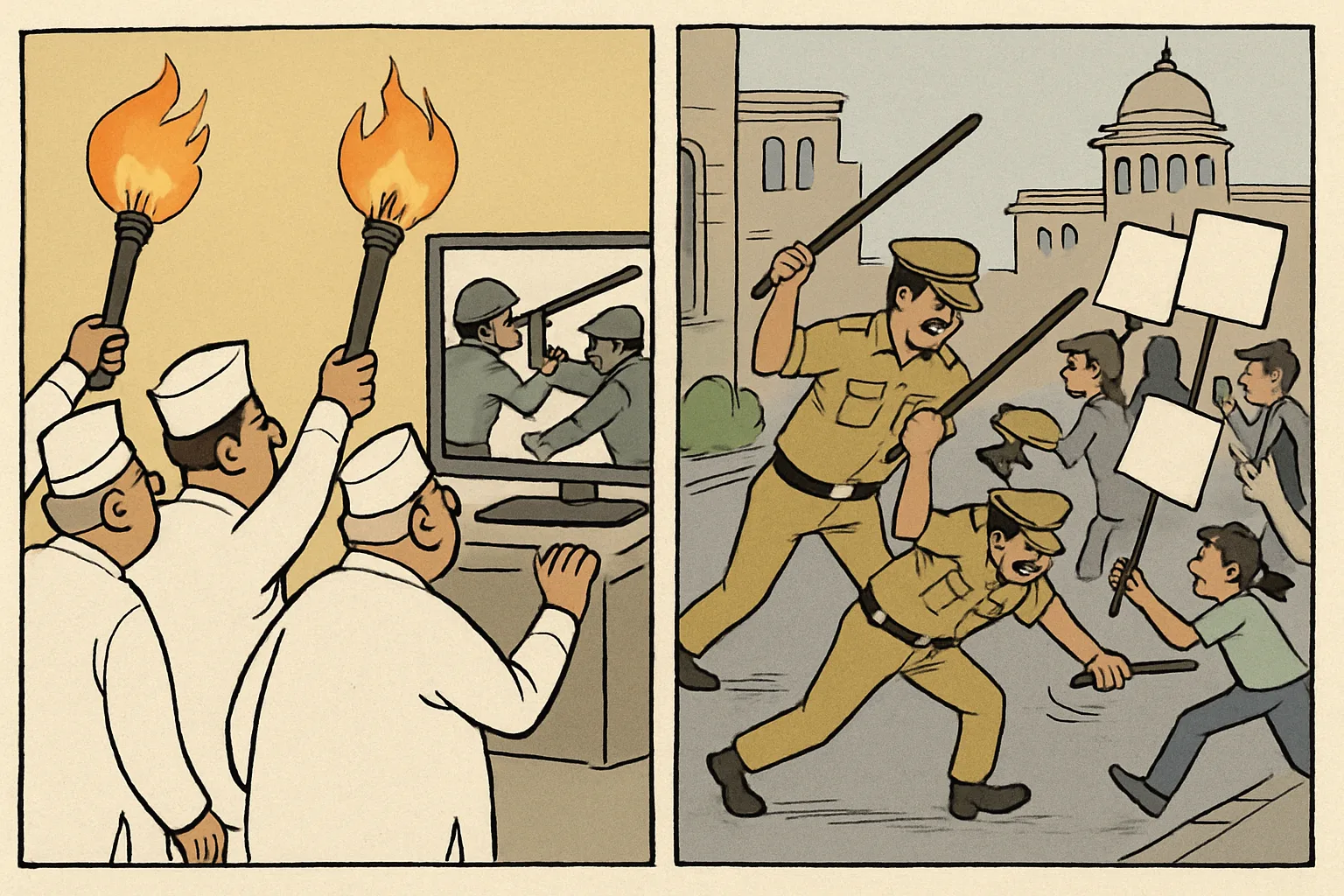 Split-panel cartoon: left shows Congress ministers with torches watching news of police lathi-charges in Delhi; right shows identical composition of Telangana police lathi-charging students in Hyderabad. Mirrored scenes highlight the contradiction.