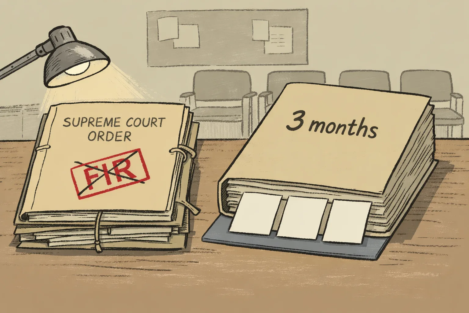 A closed FIR file and an unopened compensation-policy file marked for three months sit on a desk in a quiet government records room.