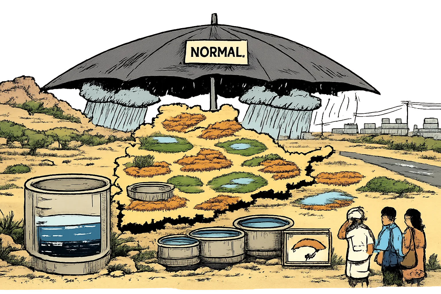 A large umbrella marked “NORMAL” covers a Telangana map, but rain falls unevenly, leaving many cracked dry patches while low water gauges and half-filled tanks sit in the foreground.