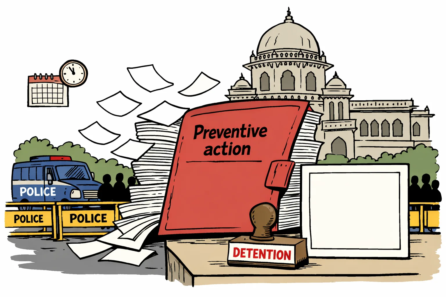 A giant blank preventive-action file with a detention stamp stands beside police barricades outside the Telangana Legislative Assembly, while anonymous student silhouettes wait behind it.