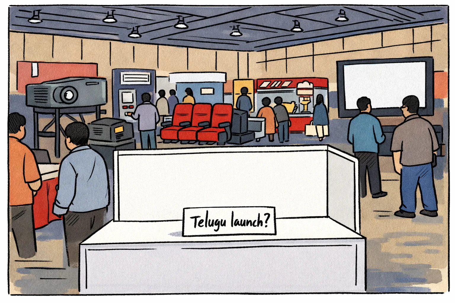 A brightly lit cinema trade-expo hall in Chennai displays projectors, screens, audio equipment and ticketing machines, while an empty booth marked “Telugu launch?” sits at the edge of the floor plan.