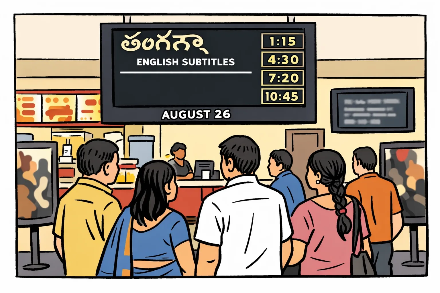 A US multiplex lobby with an illuminated showtime board listing a Telugu film with English subtitles, while moviegoers stand near the ticket counter.