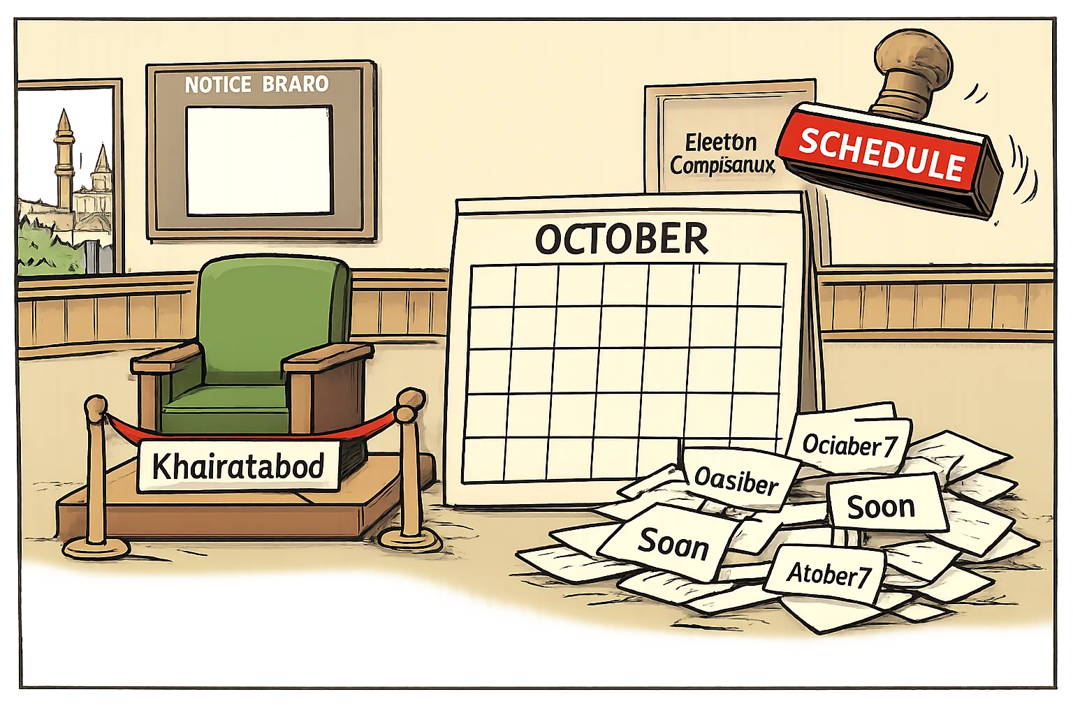 An empty chair marked Khairatabad stands beside a blank October calendar while prediction slips pile up and an Election Commission schedule stamp hangs above without touching it.