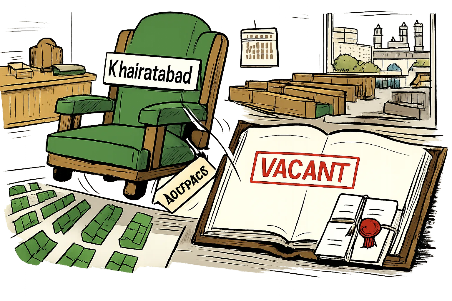 A legislative chair labelled Khairatabad is removed from an Assembly seating plan and placed beside an official ledger stamped VACANT, with a Speaker’s office in the background.
