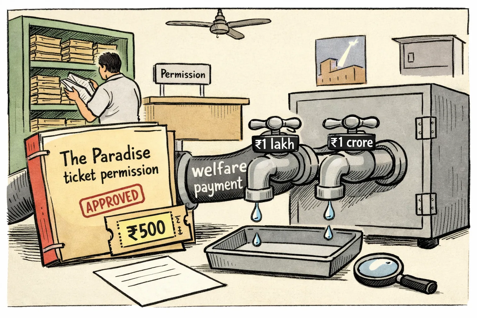 A government records office cartoon shows a stamped cinema ticket-permission file beside a ₹500 ticket, while a pipe labelled welfare payment leads to two taps marked ₹1 lakh and ₹1 crore above an empty receipt tray.