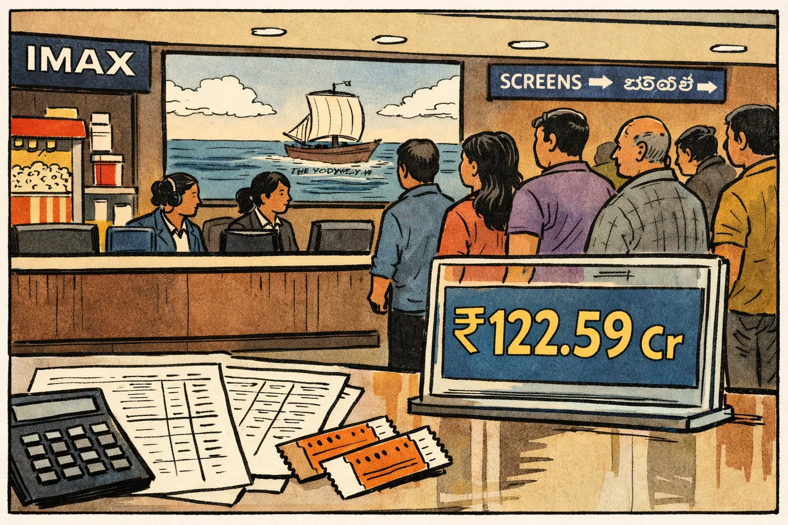 A crowded Indian cinema ticket counter beside an oversized spreadsheet showing rising rupee figures, with IMAX-style screen signage and a small stack of trade-estimate receipts.