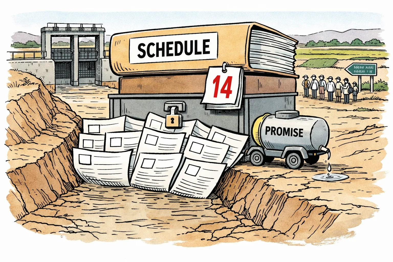 A giant government file marked “SCHEDULE” forms a paper dam across a dry canal beside an irrigation office, while a calendar marked 14 hangs above and farmers wait in the distance.