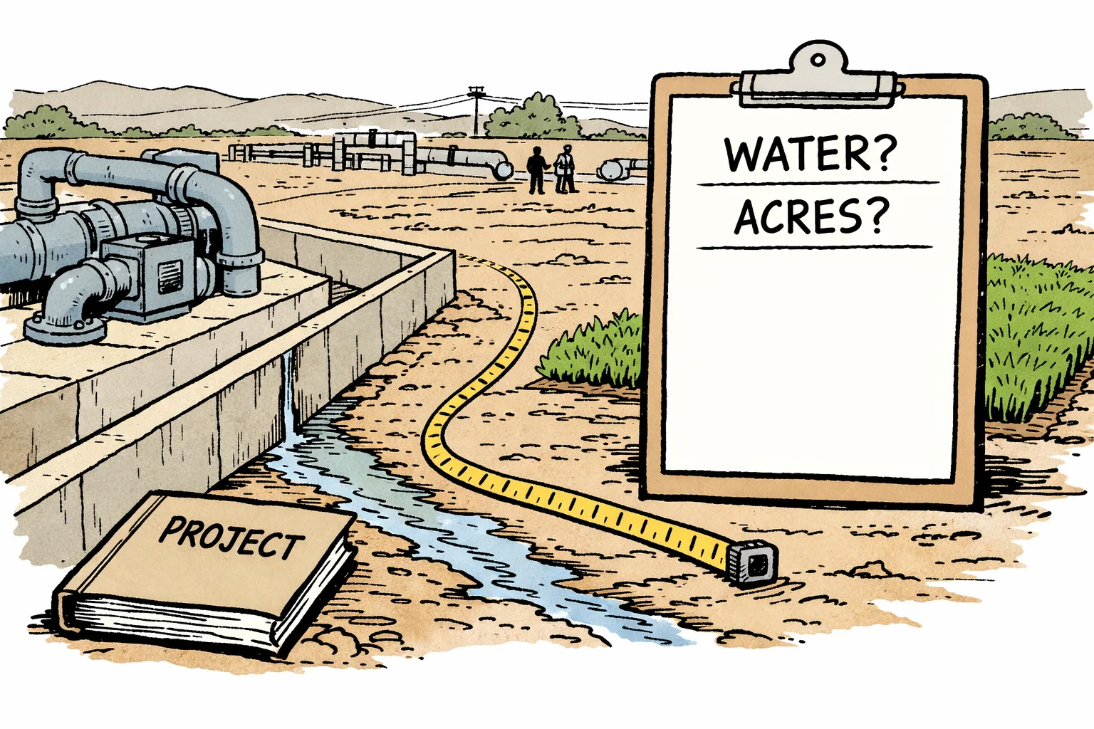 An R-9 irrigation canal with a thin trickle of water stands beside a blank performance checklist, a measuring tape and a small irrigated field, while dry farmland stretches behind it.