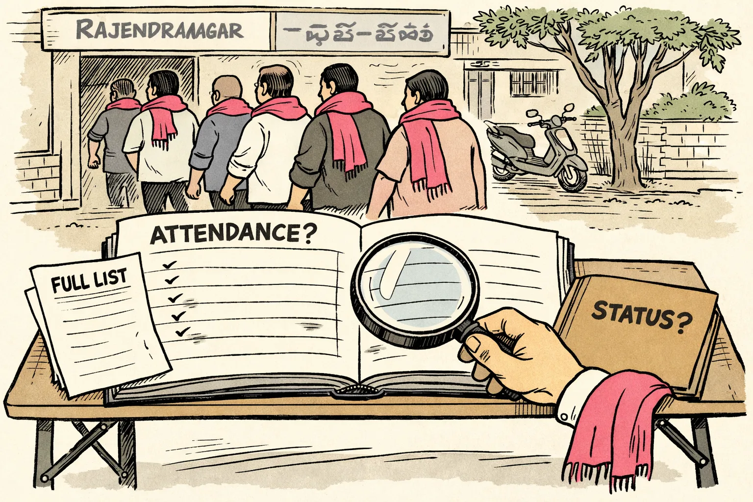 An incomplete attendance register marked “ATTENDANCE?” sits on a desk outside a Rajendranagar political office while several unidentifiable figures in pink scarves leave through a doorway.