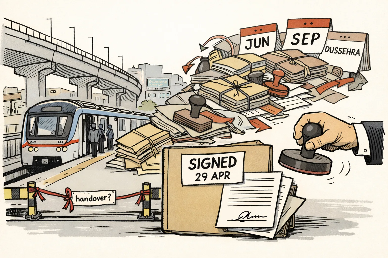 A Hyderabad Metro train stands beside a signed ownership file while tangled folders, loan papers and calendar pages marked June, September and Dussehra lead toward an uncertain handover ribbon.
