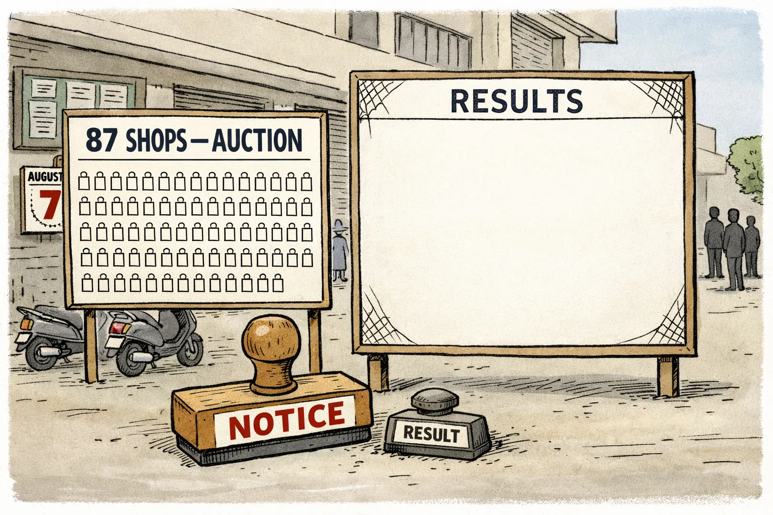 A Hyderabad government noticeboard displays a large auction announcement for 87 2BHK-colony shops, while a vacant results board beside it remains blank beneath a calendar marked August 7.