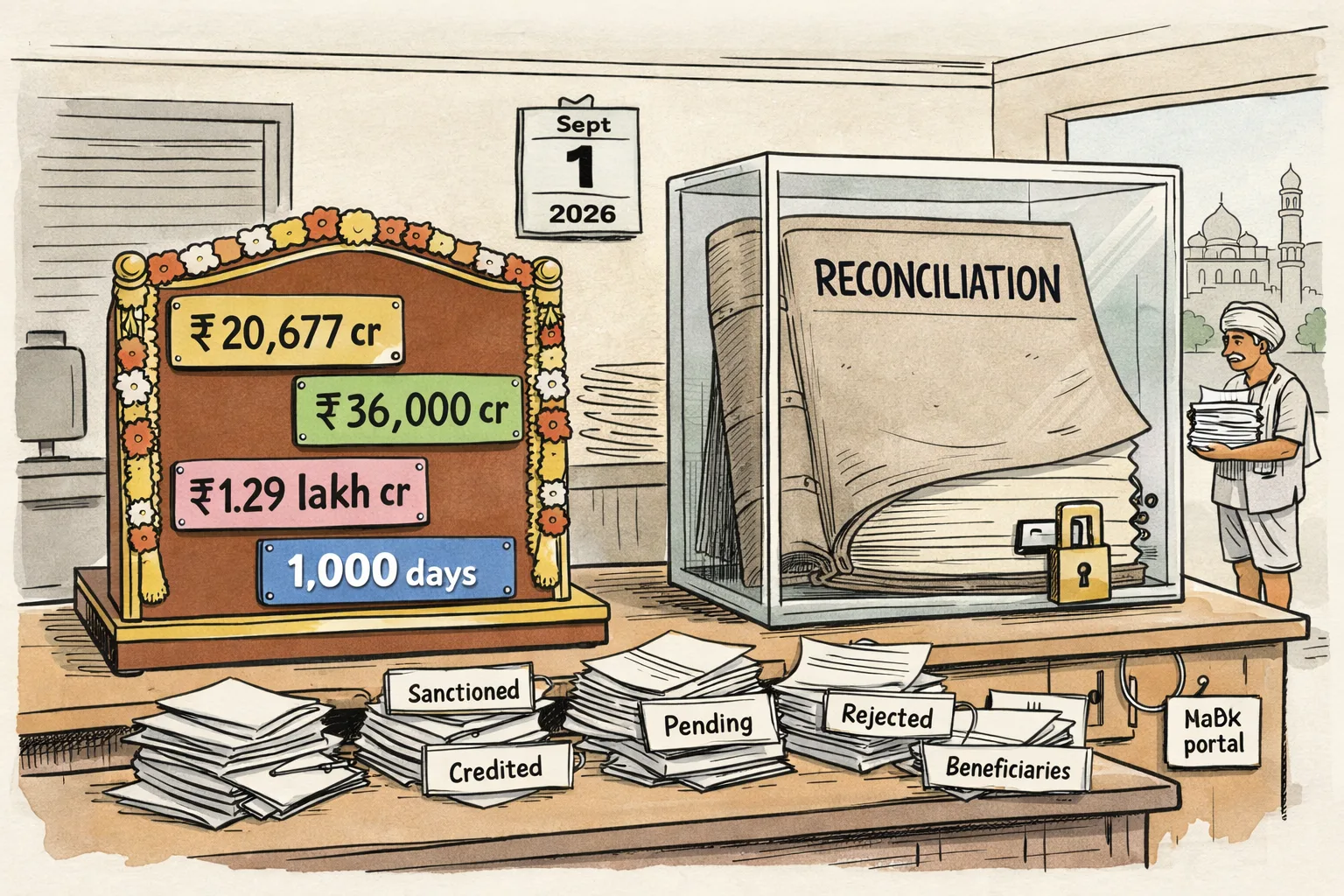 A Telangana government-office desk displays a large anniversary board with several rupee totals, while a locked empty reconciliation ledger sits beside mismatched piles of beneficiary and payment slips.
