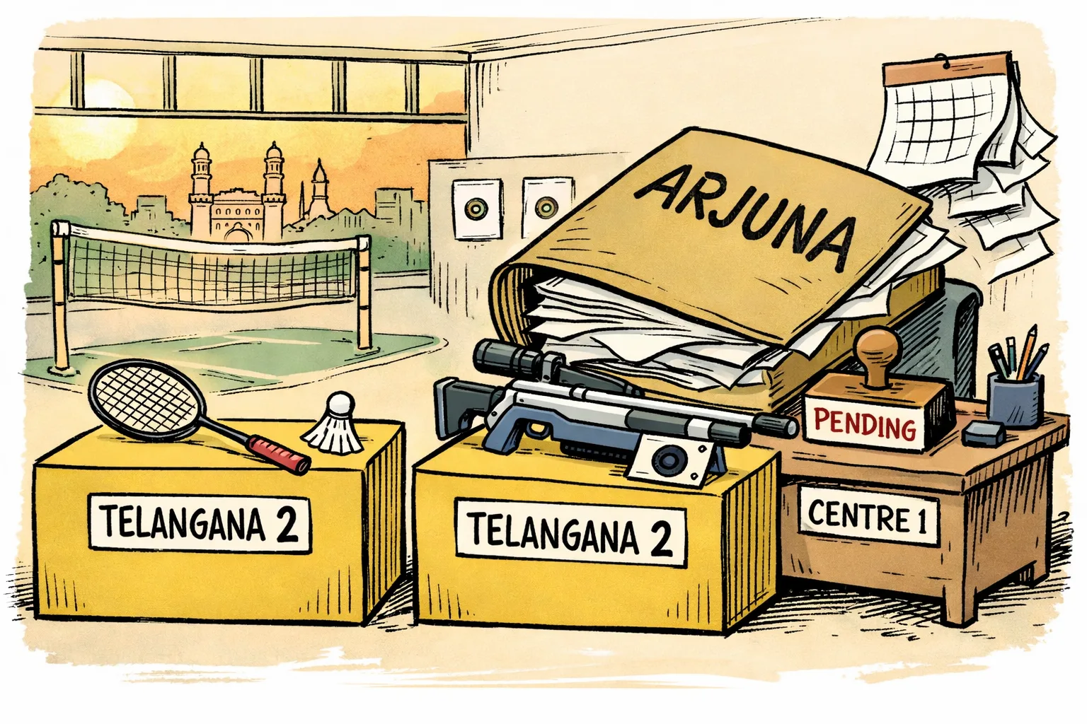 A Hyderabad badminton racket and a 10m air rifle rest on two gold award plinths marked Telangana, while a much smaller central government desk behind them struggles beneath an oversized delayed file stamped Arjuna Awards.