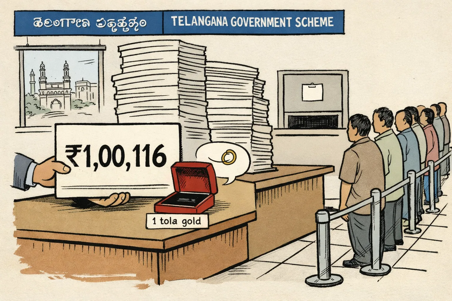 A Telangana government office counter hands over a card marked ₹1,00,116 beside an empty jewellery box labelled 1 tola gold, while applicants wait in a queue.