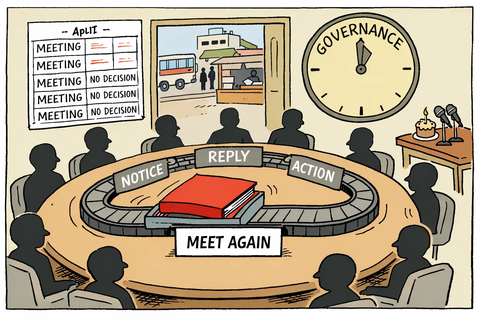 Anonymous political office figures pass a large disciplinary file around a circular table marked “MEET AGAIN” while a stopped governance clock and waiting public-service counter sit outside.