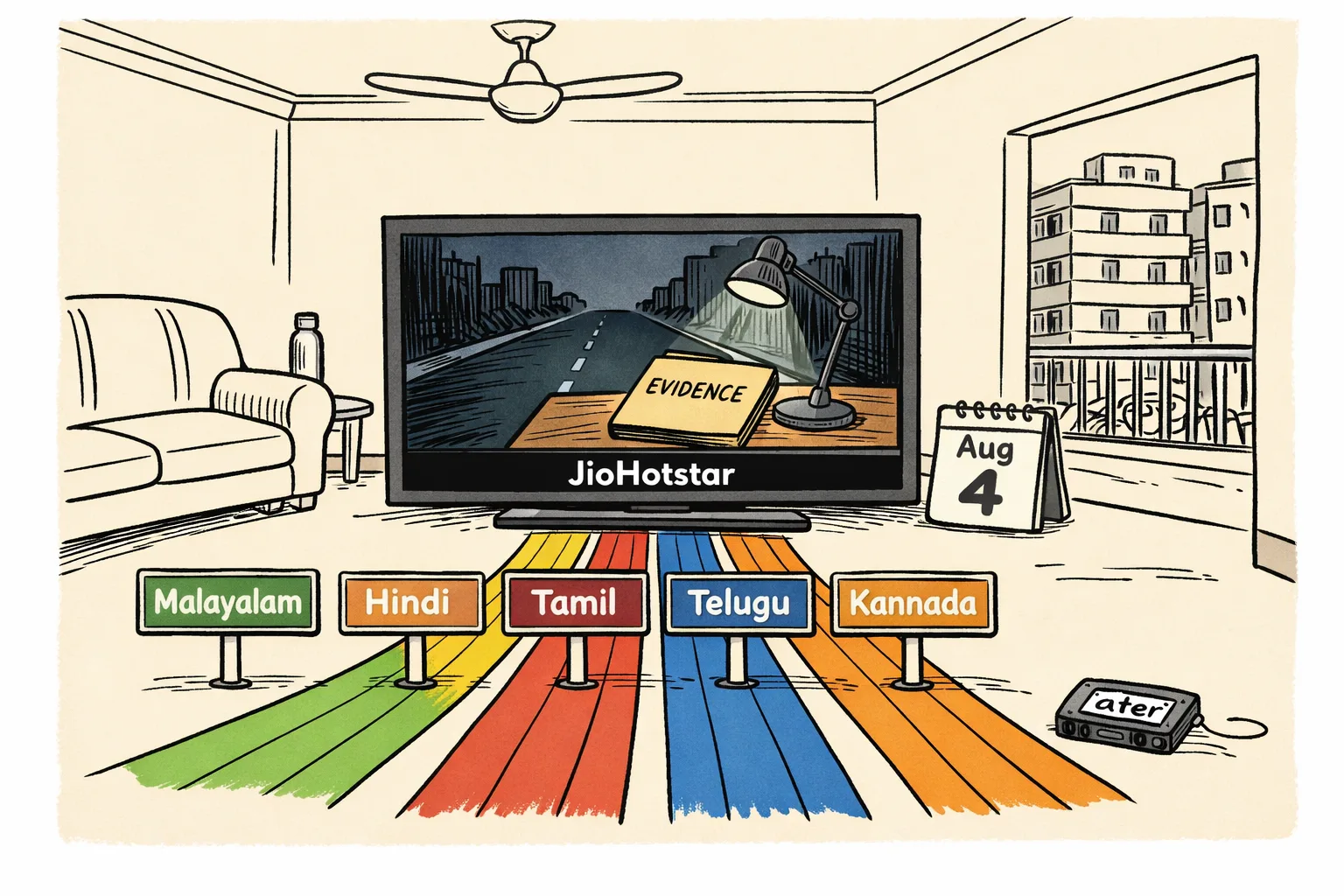A Telangana viewer sits on a sofa facing a streaming screen, while five coloured roads labelled Malayalam, Hindi, Tamil, Telugu and Kannada converge into one JioHotstar screen; a small calendar shows August 4.