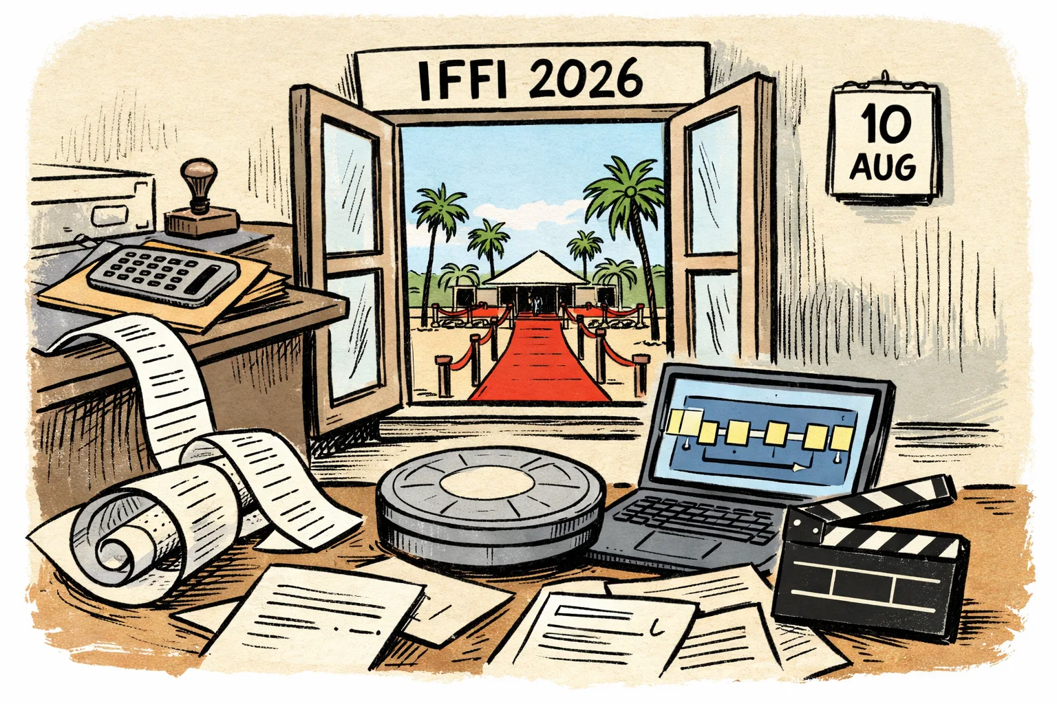 A small Telugu film canister and OTT screen stand before a large open festival window labelled IFFI 2026, while a distant government desk holds a credit reel and a stack of application forms.