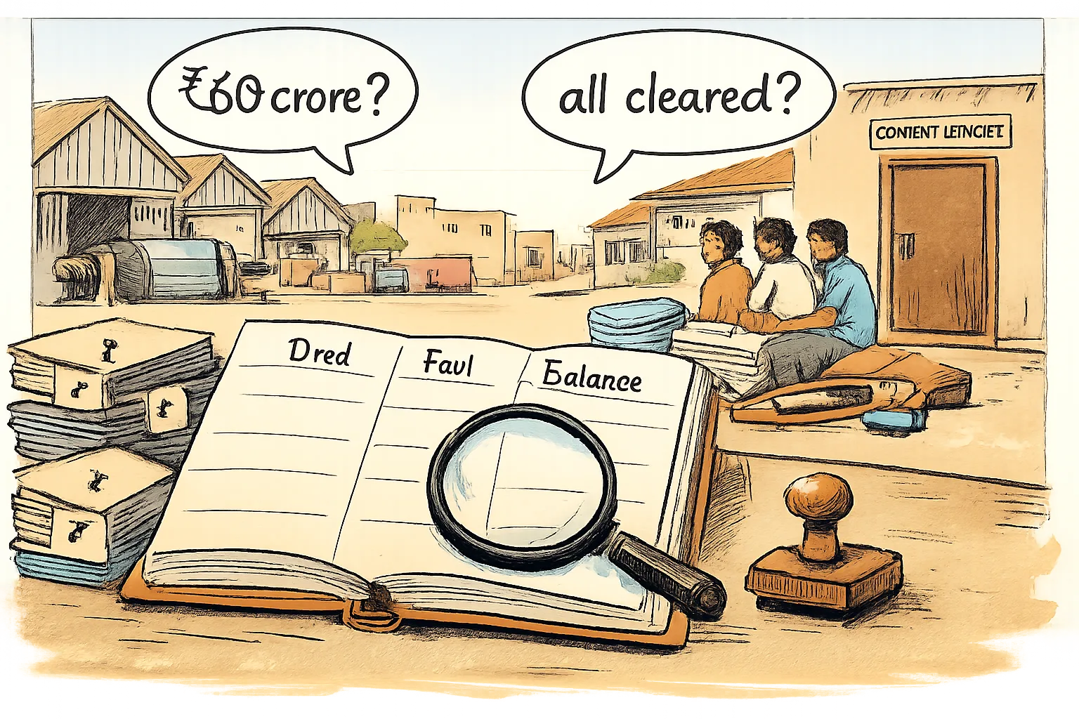An empty ledger with blank owed-and-paid columns sits on a government office desk while payment files, receipts and an unused stamp surround it; weavers wait beside fabric bundles outside a Sircilla records room.