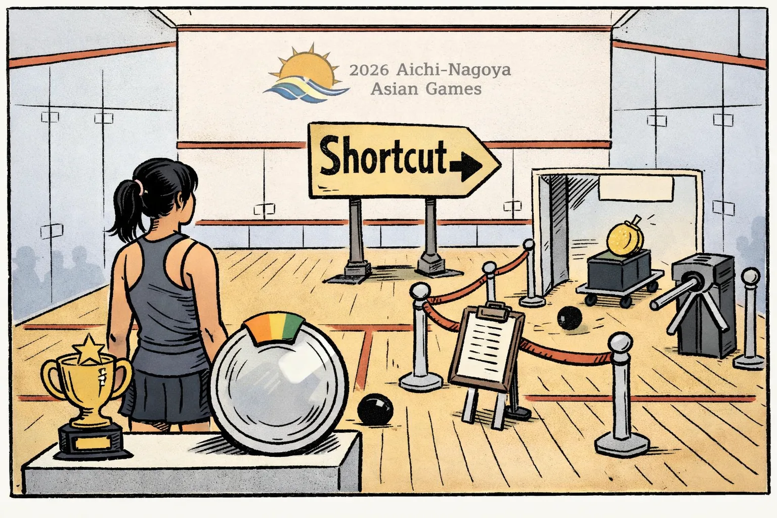An unidentifiable young squash player stands beside a silver medal in an indoor squash court while a sign marked “LA28 shortcut” points toward a gold medal leaving through a gate.