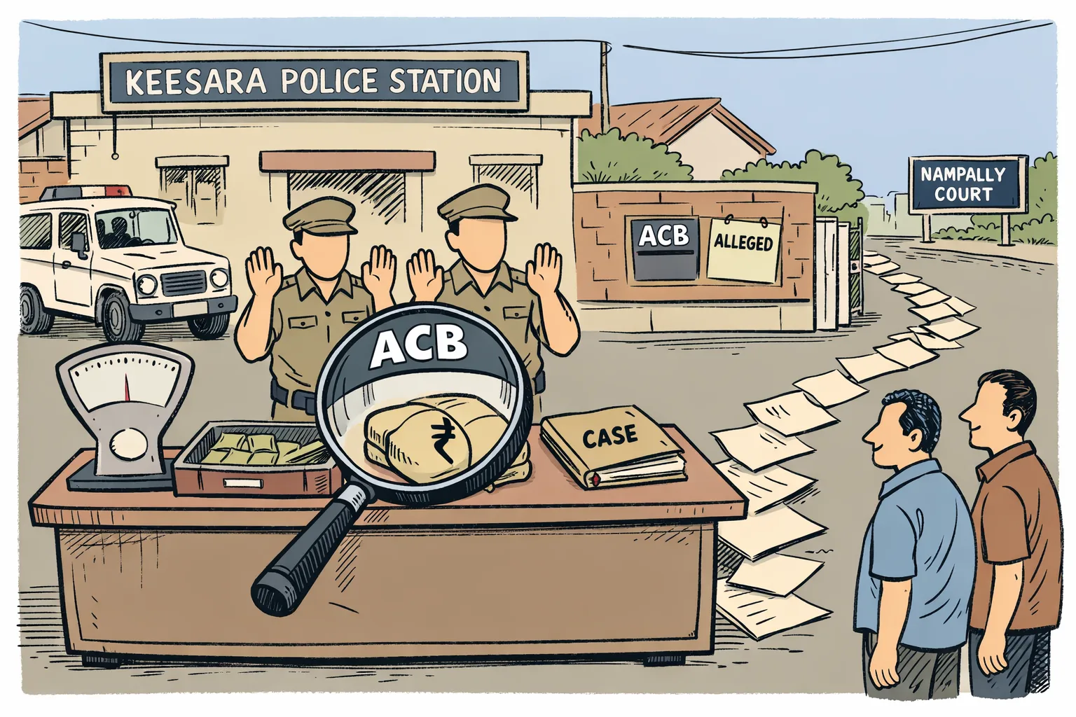 A Telangana police station is drawn as a counter with a rupee-marked cash bundle and case file, while an ACB magnifying glass examines the money and two anonymous officers stand behind the desk.
