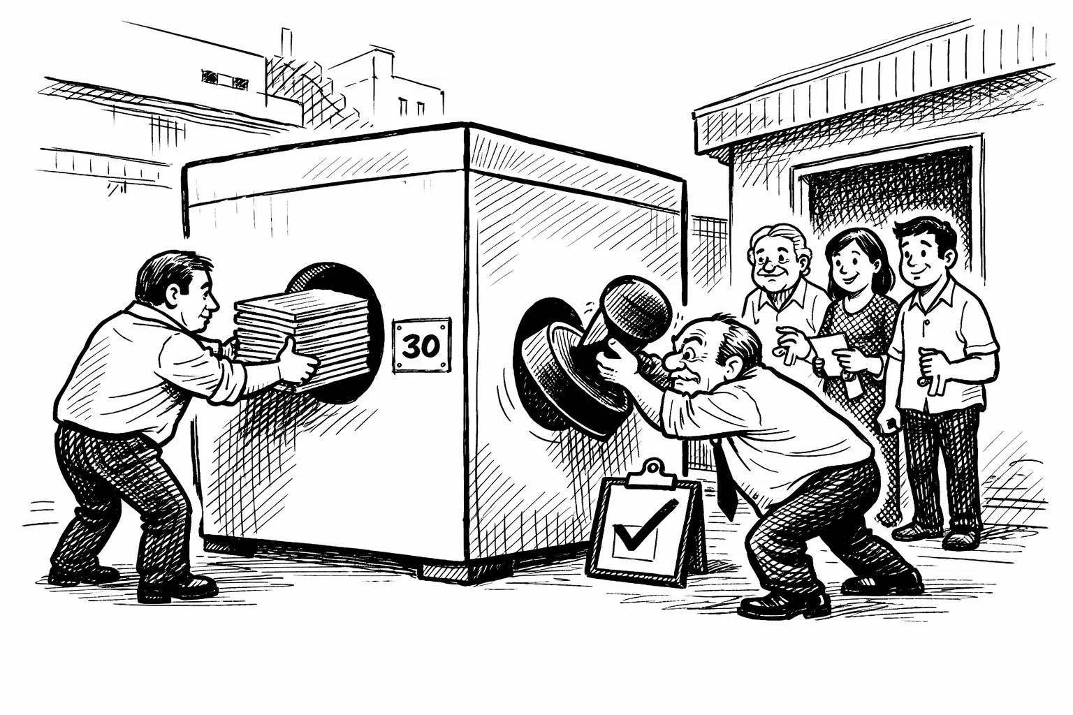 At a Musheerabad polling station, a booth-level agent pushes a stack of pre-printed forms toward a large hole in a voter-roll machine while three voters stand at their address and an election official tries to plug the hole with an oversized stamp.