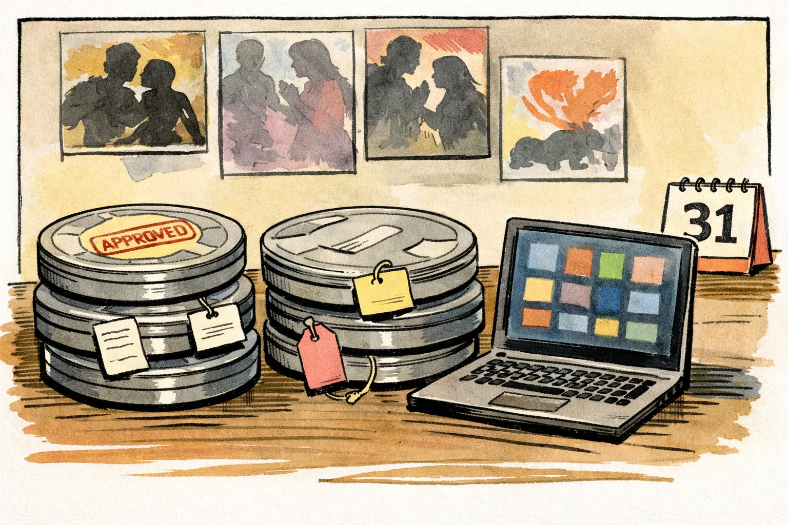 A hand-drawn streaming dashboard shows four film reels dropping into separate OTT boxes marked ZEE5, Netflix and Aha; one box has an official stamp, while two others hang from loose tracker tags and a tiny calendar reads July 31.