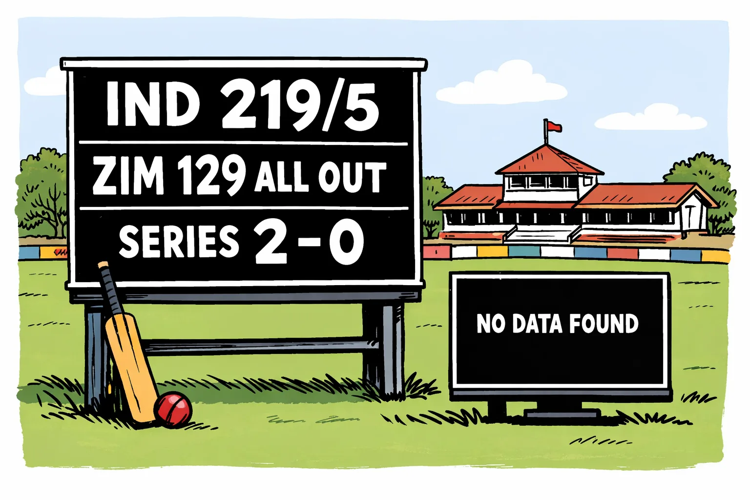 A hand-drawn cricket scoreboard at Harare Sports Club shows India 219 for 5 and Zimbabwe 129 all out, with a small series marker reading 2–0; cricket bats and a ball sit in the foreground.