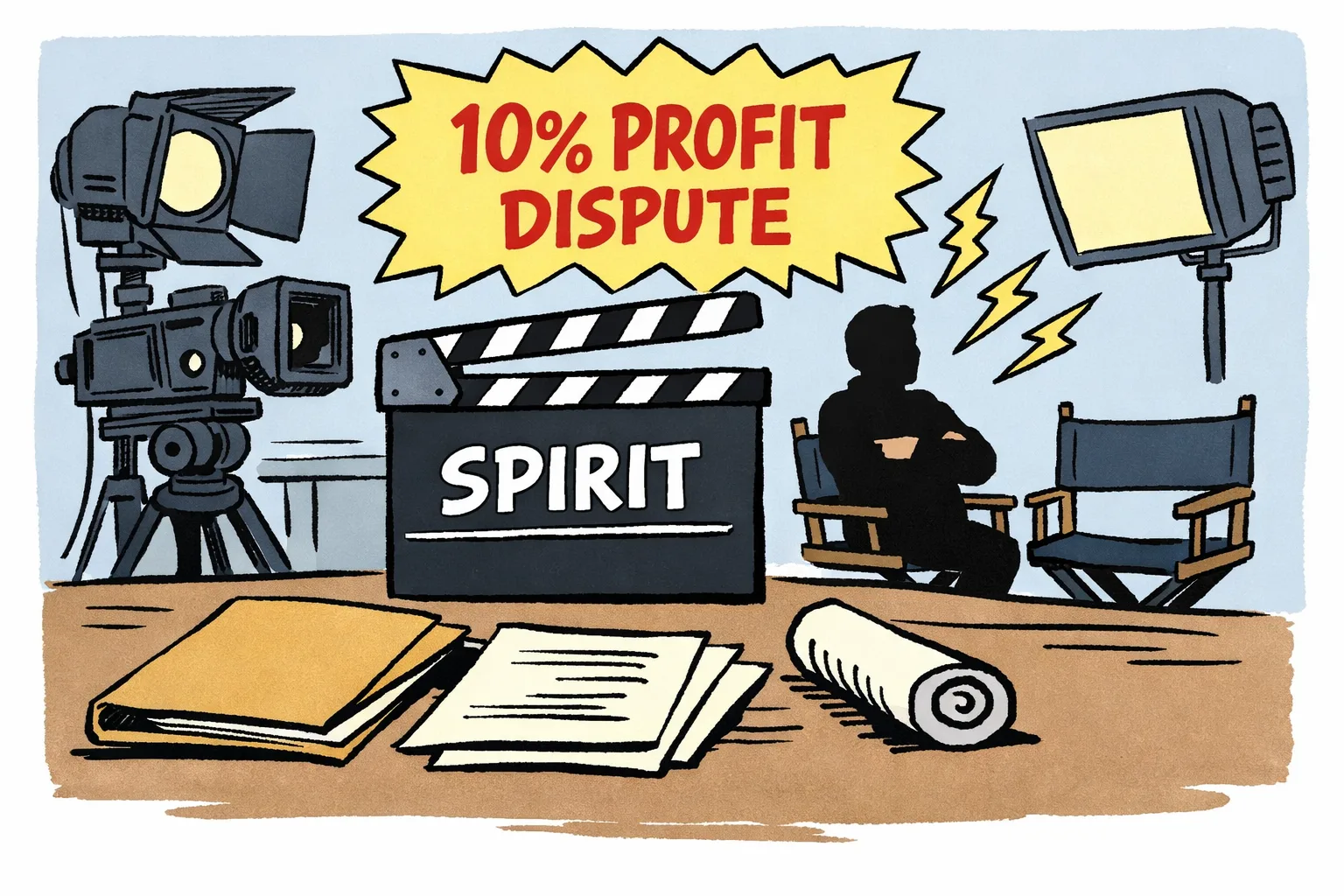 A clapperboard labelled Spirit rests beside a closed script folder on a film-production table, with a camera and studio lights behind it.