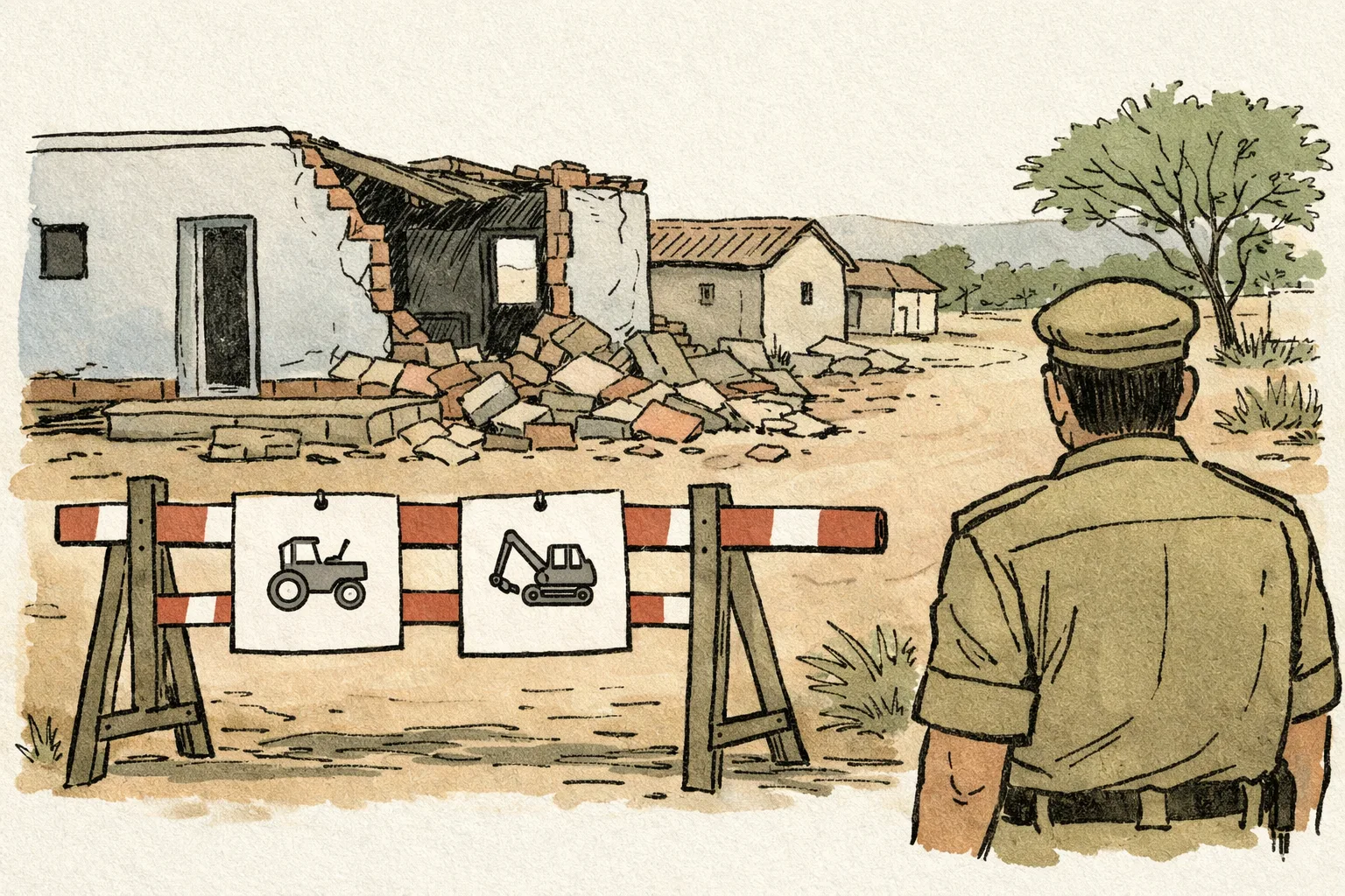 A partially demolished two-room house in a Telangana village stands behind a police barrier, with two conflicting equipment icons on papers attached to it.