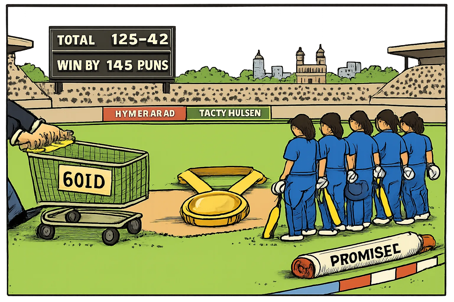 A women’s cricket team stands on a cricket ground beside a winning scoreboard and a gold medal, while an oversized trolley marked Gold approaches from the side.