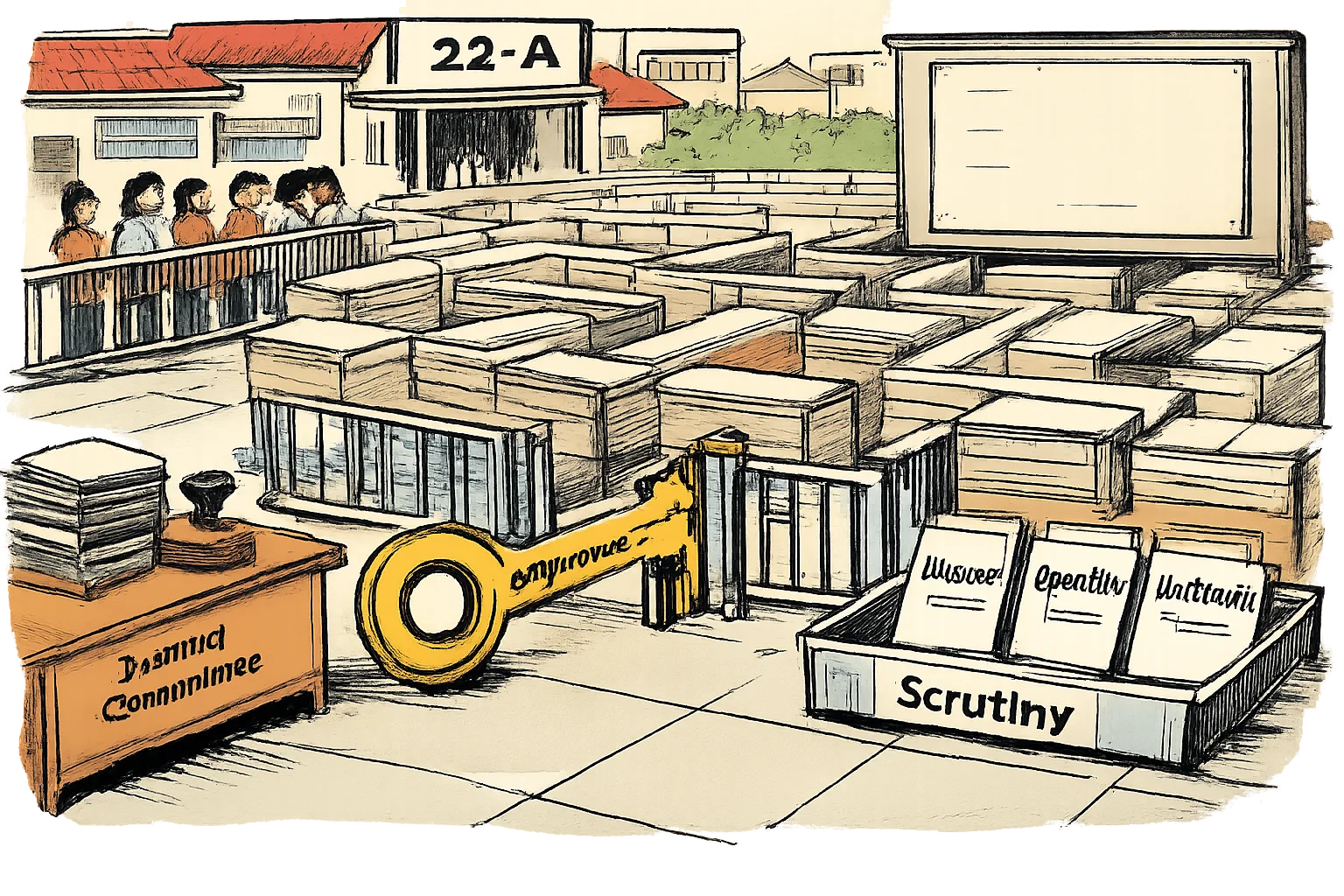 A hand-drawn Telangana government office scene shows a key labelled approvals opening one gate in a maze marked 22-A, with property files awaiting scrutiny and a blank noticeboard beyond.