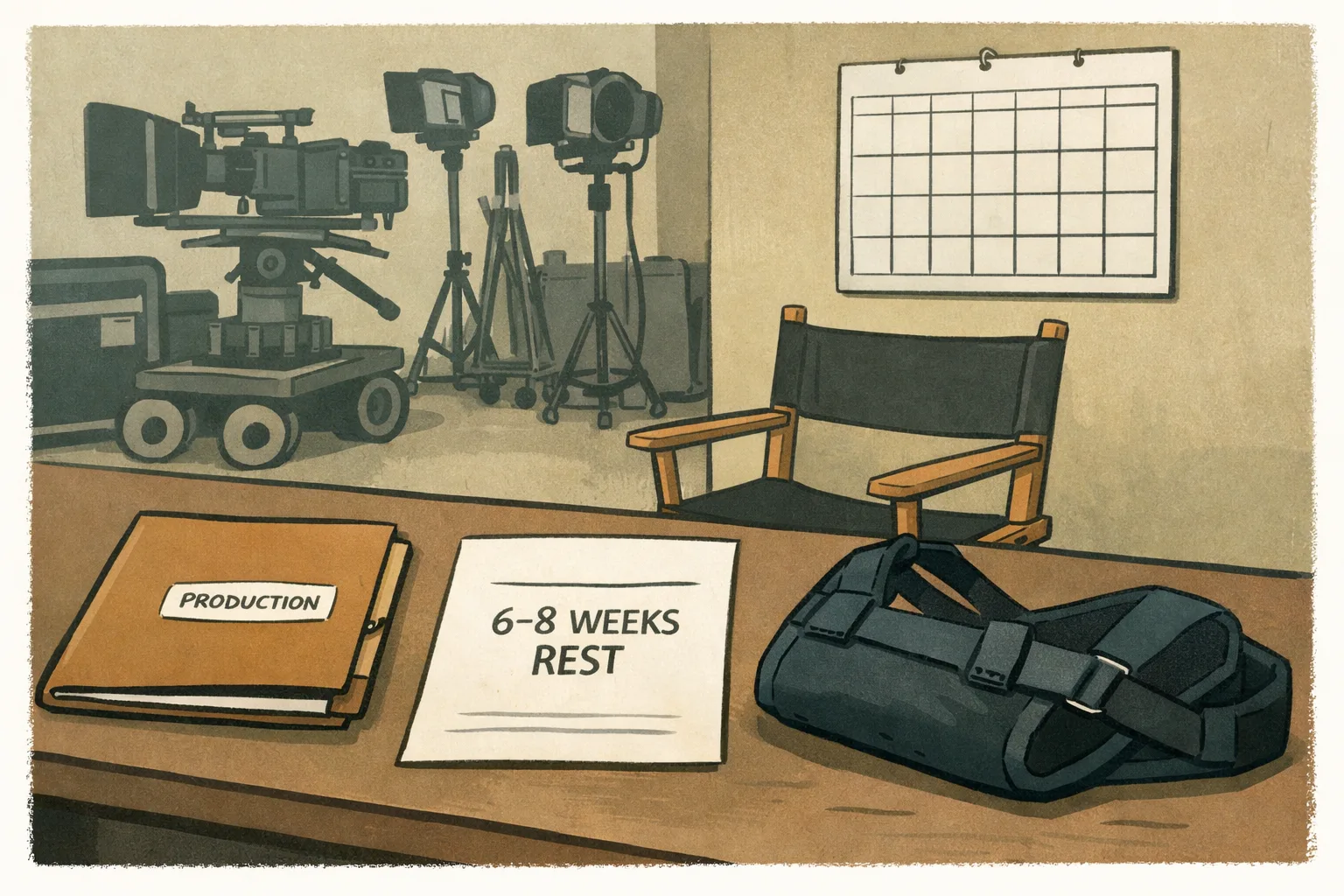 A quiet film production office in Hyderabad with a closed shooting schedule board, a doctor’s note marked for six to eight weeks, and an empty director’s chair beside a neatly stored camera rig.