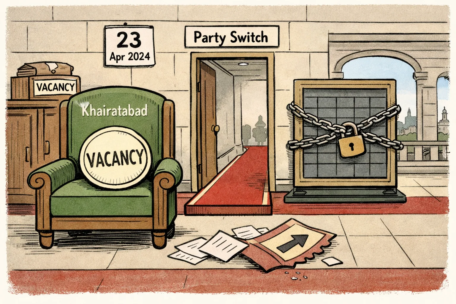 An empty Assembly chair labelled Khairatabad sits under a vacancy seal beside a locked election schedule board, with official papers scattered across a Hyderabad government-office corridor.